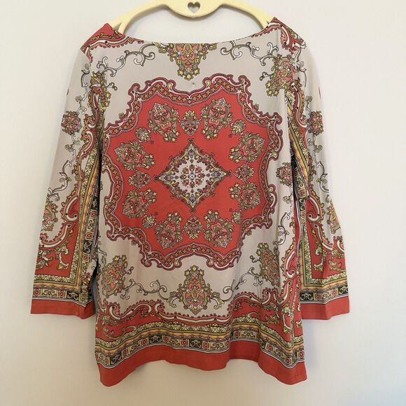 Charter Club Macy's Mandala Stretch Top L Boho Paisley 3/4 Sleeve Casual Cruise - Picture 2 of 7